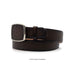 A dark brown textured leather belt with a square silver-tone metal buckle, coiled on a white background.