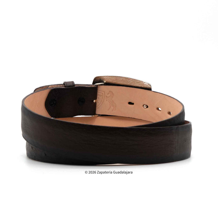 A dark brown textured leather belt coiled on a white background, showing its tan interior lining and a small embossed logo.