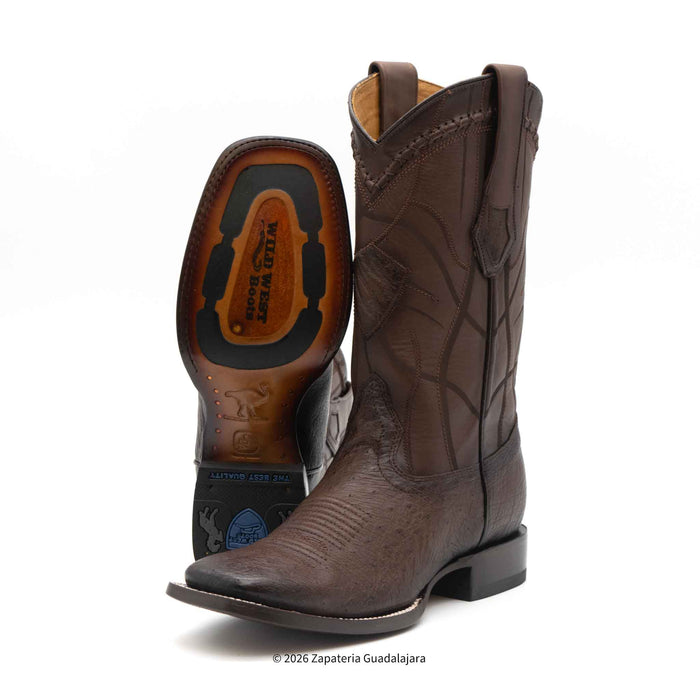 A pair of dark brown western cowboy boots with textured leather and decorative stitching, shown on a white background with one boot standing upright and the other turned to show the sole.