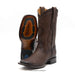 A pair of dark brown western cowboy boots with textured leather and decorative stitching, shown on a white background with one boot standing upright and the other turned to show the sole.