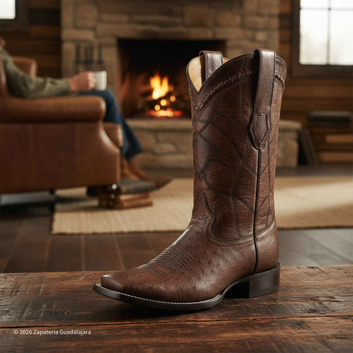 A brown leather cowboy boot with decorative stitching stands on a rustic wooden table in a cozy living room setting with a fireplace and a person sitting in an armchair in the background.