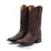 A pair of dark brown western cowboy boots with textured leather shafts and square toes, shown on a white background.