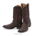A pair of dark brown textured leather cowboy boots with western stitching, shown from a three-quarters angle on a white background.