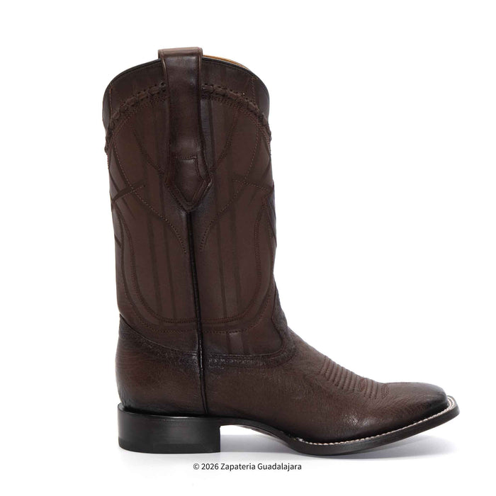 A dark brown leather cowboy boot with a square toe and western-style stitching, shown from a side profile view on a white background.