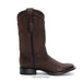 A dark brown leather cowboy boot with a square toe and western-style stitching, shown from a side profile view on a white background.