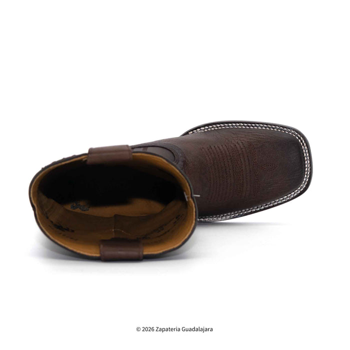 A dark brown textured leather boot shown from a side angle on a white background, featuring white contrast stitching and a tan interior lining.