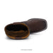 A dark brown textured leather boot shown from a side angle on a white background, featuring white contrast stitching and a tan interior lining.