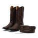 A pair of dark brown textured leather cowboy boots shown with a matching dark brown leather belt featuring a large embossed buckle, set against a plain white background.