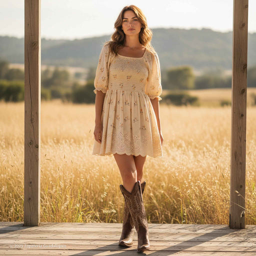 Woman in a light dress and cowboy boots standing on a wooden platform with a scenic background