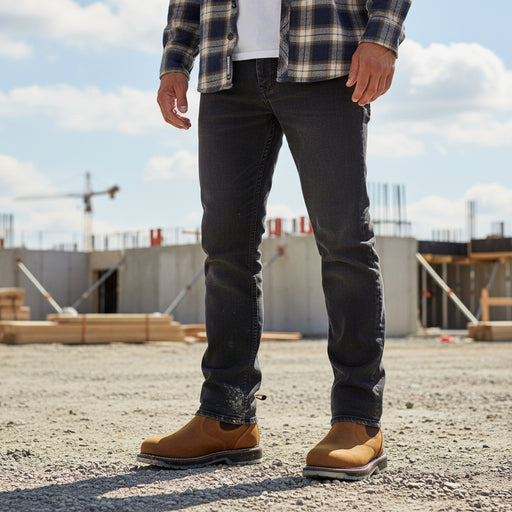 Person wearing plaid shirt, dark jeans, and brown boots standing on a construction site.