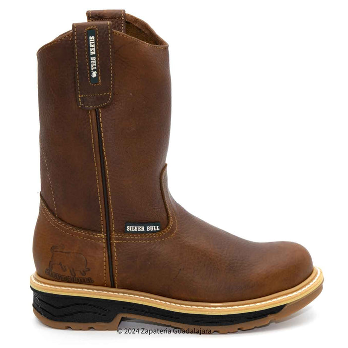 Brown boot with 'Silver Bull' branding on a white background