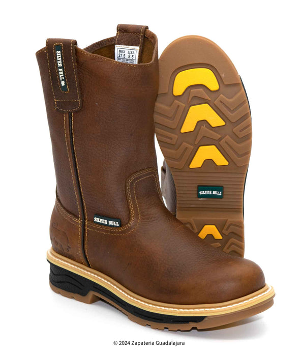 Brown work boot with yellow sole on a white background