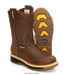 Brown work boot with yellow sole on a white background