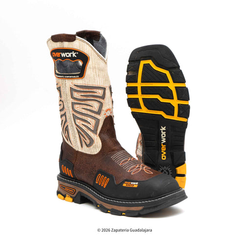 Pair of work boots with brown, black, and yellow design on a white background