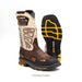 Pair of work boots with brown, black, and yellow design on a white background