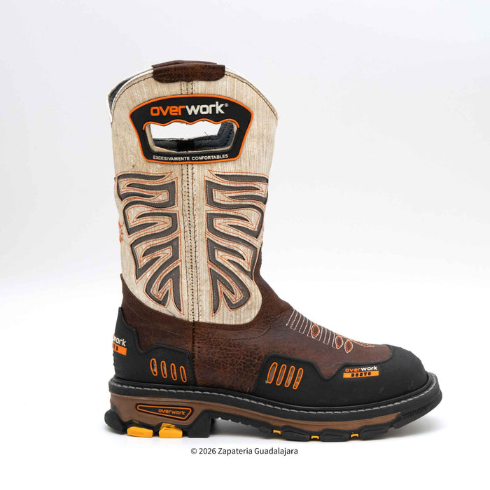 Brown and beige work boot with 'Overwork' branding on a white background