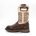 Brown and beige work boot with 'overwork' branding on a white background
