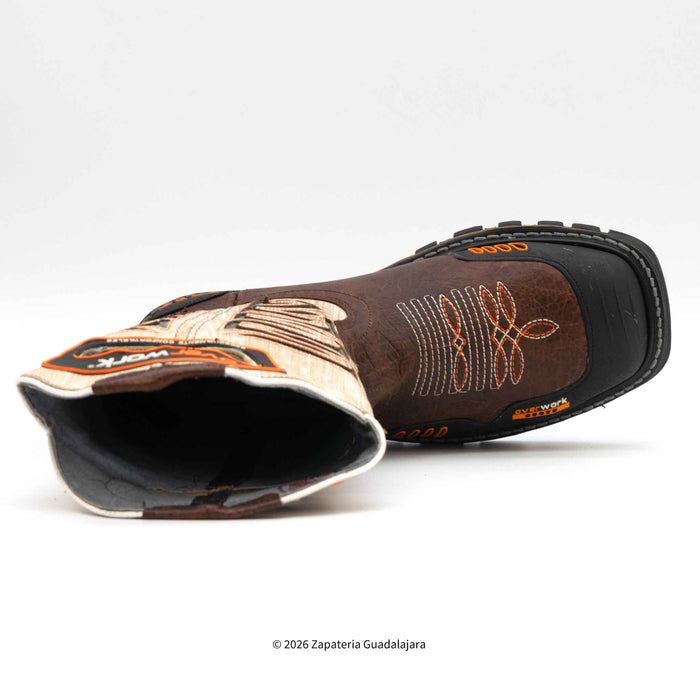 Brown cowboy boot with intricate details on a white background