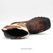 Brown cowboy boot with intricate details on a white background
