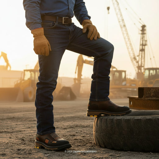 Person wearing work boots and gloves on a construction site with machinery in the background.