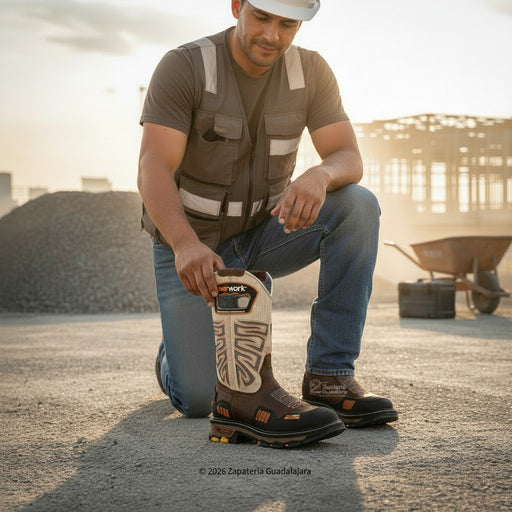 Man in work attire adjusting a boot on a construction site.