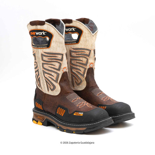 Pair of brown and beige work boots with 'Overwork' branding on a white background.
