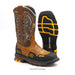 Brown and black work boot with yellow accents on a white background