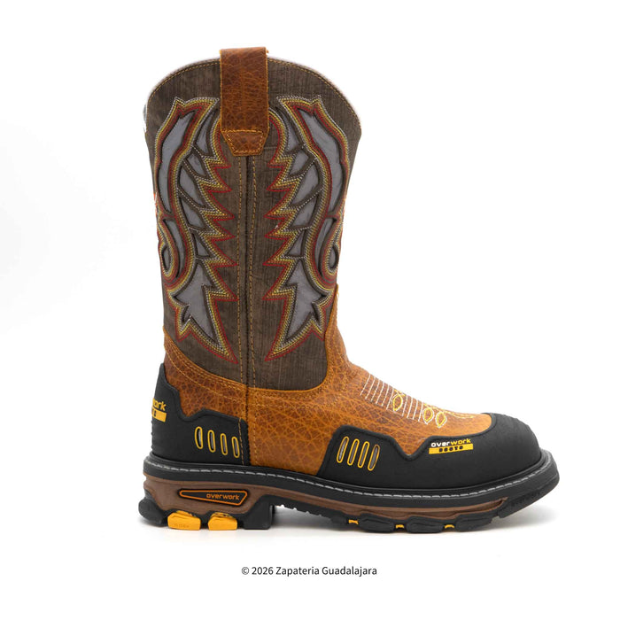 Brown and black work boot with intricate design on a white background