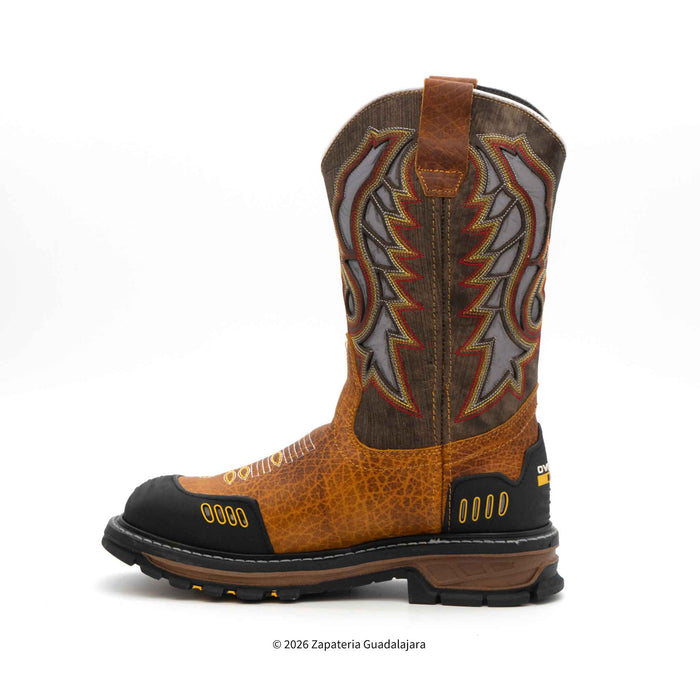 Brown and black cowboy boot with intricate design on a white background