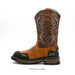Brown and black cowboy boot with intricate design on a white background