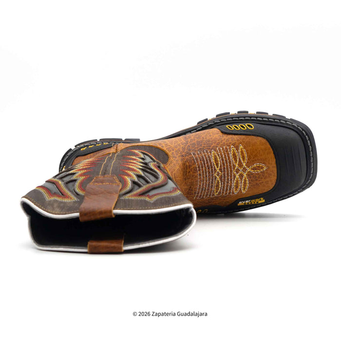 Pair of brown and black sandals with brand logo on a white background