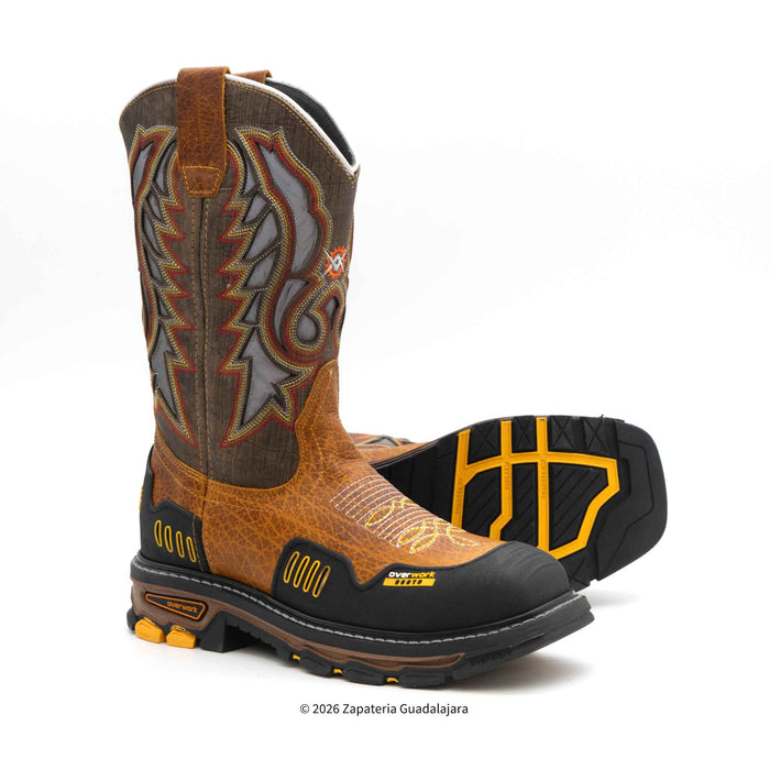 Brown and black work boot with yellow accents on a white background