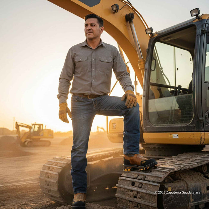 Man standing on a large piece of construction equipment with a sunset in the background