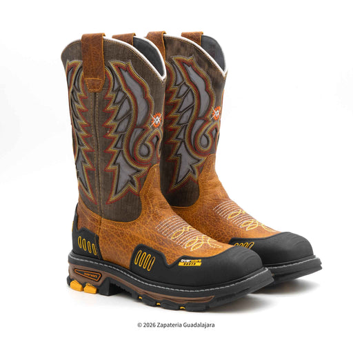 Pair of brown and black cowboy boots with intricate design on a white background