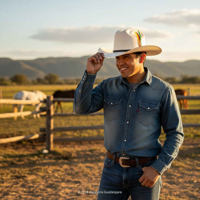 cowboy wearing TOMBSTONE 1000X TELAR CHAPARRAL BLACK BELT hat
