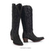 A pair of black western cowboy boots with textured leather panels, decorative stitched detailing, and pointed toes, shown against a plain white background.