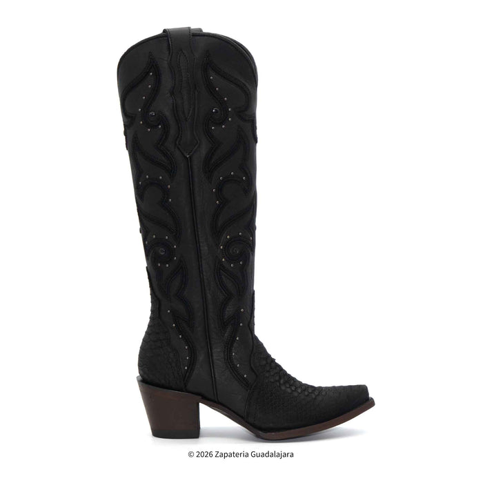 A single black western cowboy boot with textured embossed detailing, decorative stitching, and a low block heel, shown from a side profile on a white background.