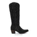A single black western cowboy boot with textured embossed detailing, decorative stitching, and a low block heel, shown from a side profile on a white background.