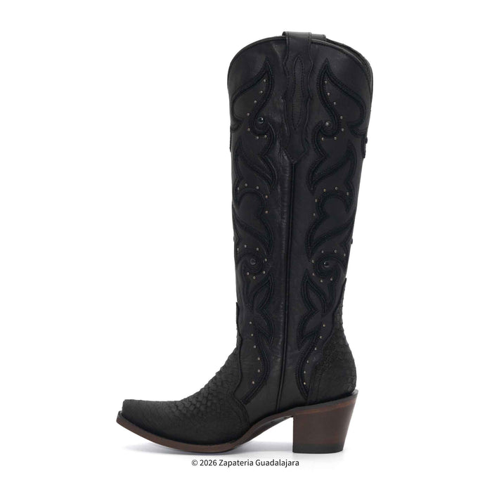 A single black suede over-the-knee boot with a chunky block heel, shown in profile against a light gray background.