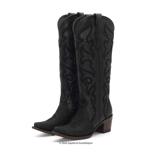 Pair of black knee-high winter boots on a white background