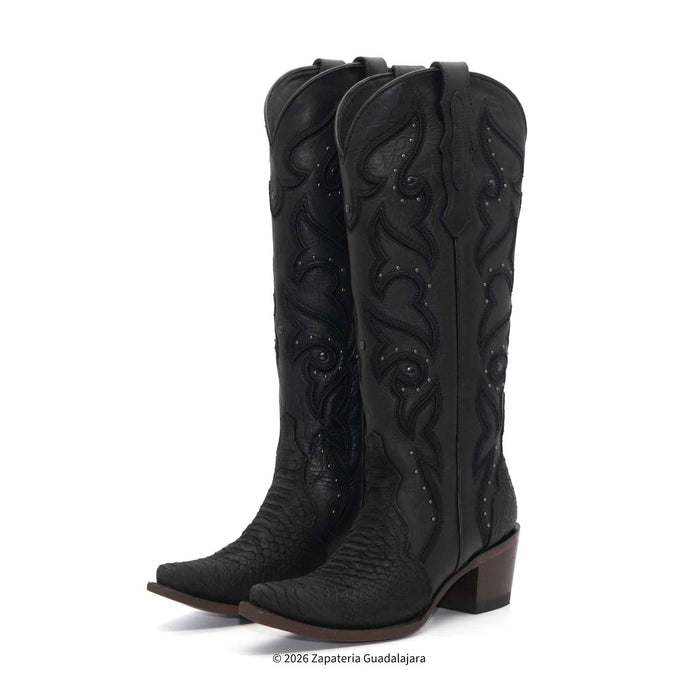 Pair of black knee-high winter boots on a white background