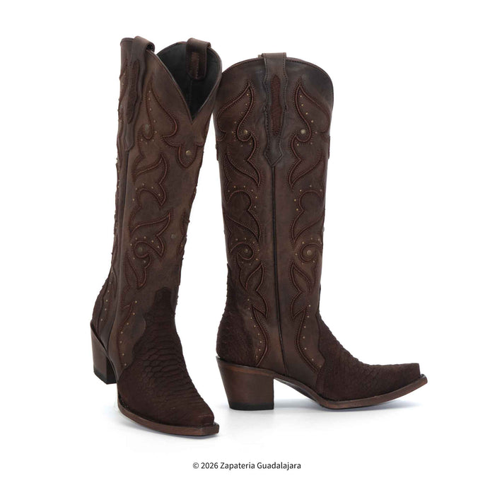 A pair of dark brown western cowboy boots with textured snakeskin and smooth leather panels, decorative hand-tooled stitching, and low block heels, shown against a plain white background.