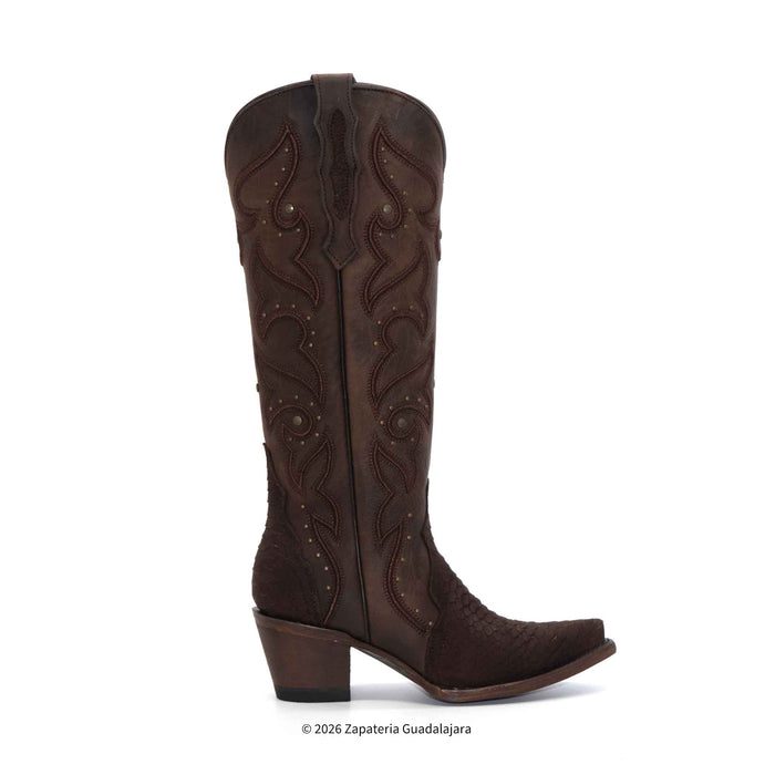 A dark brown leather cowboy boot with western-style stitching and a low block heel, shown from a side profile on a white background.
