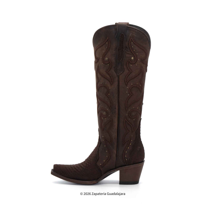 A single black leather cowboy boot with a block heel and decorative gold-toned embroidered stitching on the shaft, shown against a plain white background.