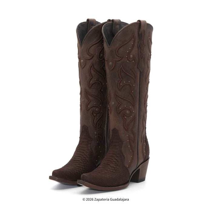 A pair of dark brown western cowboy boots with embossed floral stitching and small metal studs, shown on a plain white background.