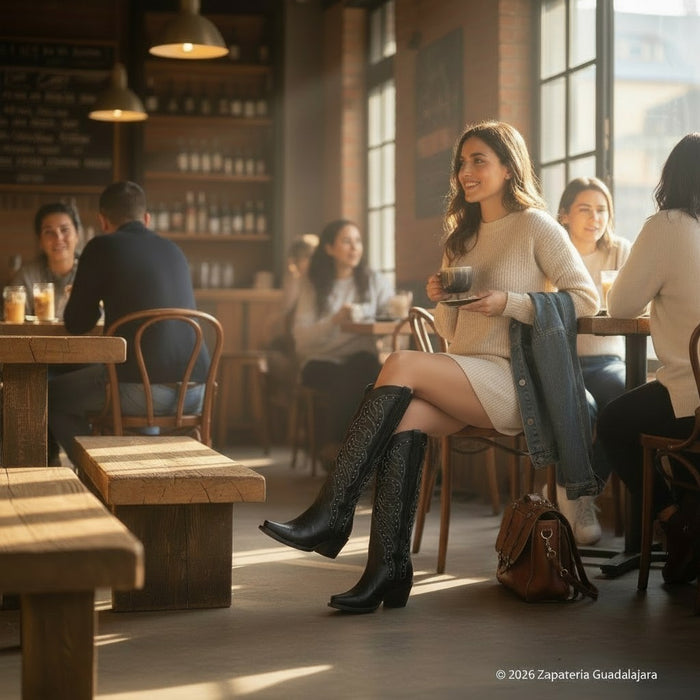 Bota alta de piel color negro con punta recortada