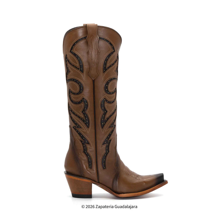 Brown cowboy boot with intricate black embroidery on a white background