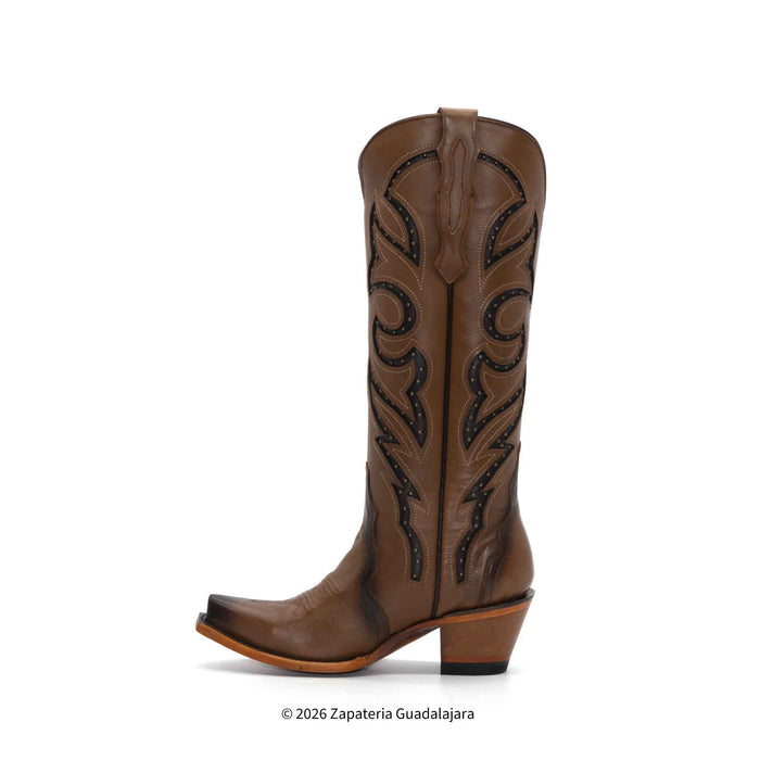 Brown cowboy boot with intricate design on a white background