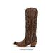 Brown cowboy boot with intricate design on a white background