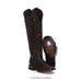 Brown leather cowboy boots with intricate designs on a white background